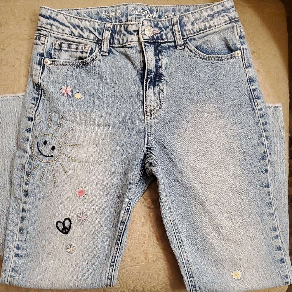Cat & Jack Blue Ankle Straight Leg Jeans with Embroidery